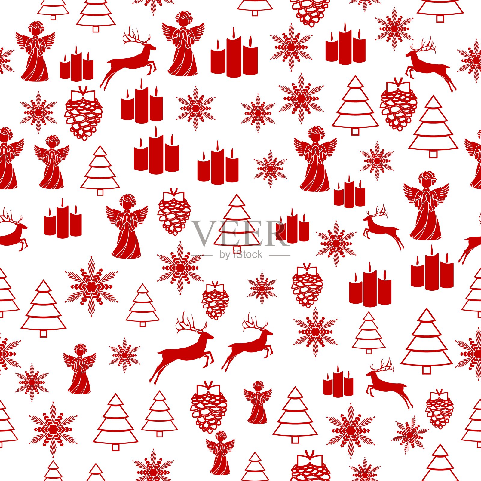 白色背景上的圣诞节红色元素：禅绕画和涂鸦元素的无缝图案包装纸插图插画图片素材