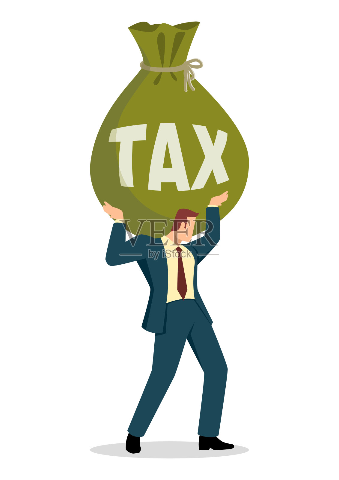 商人拿着一个大钱袋，上面写着“税”插画图片素材