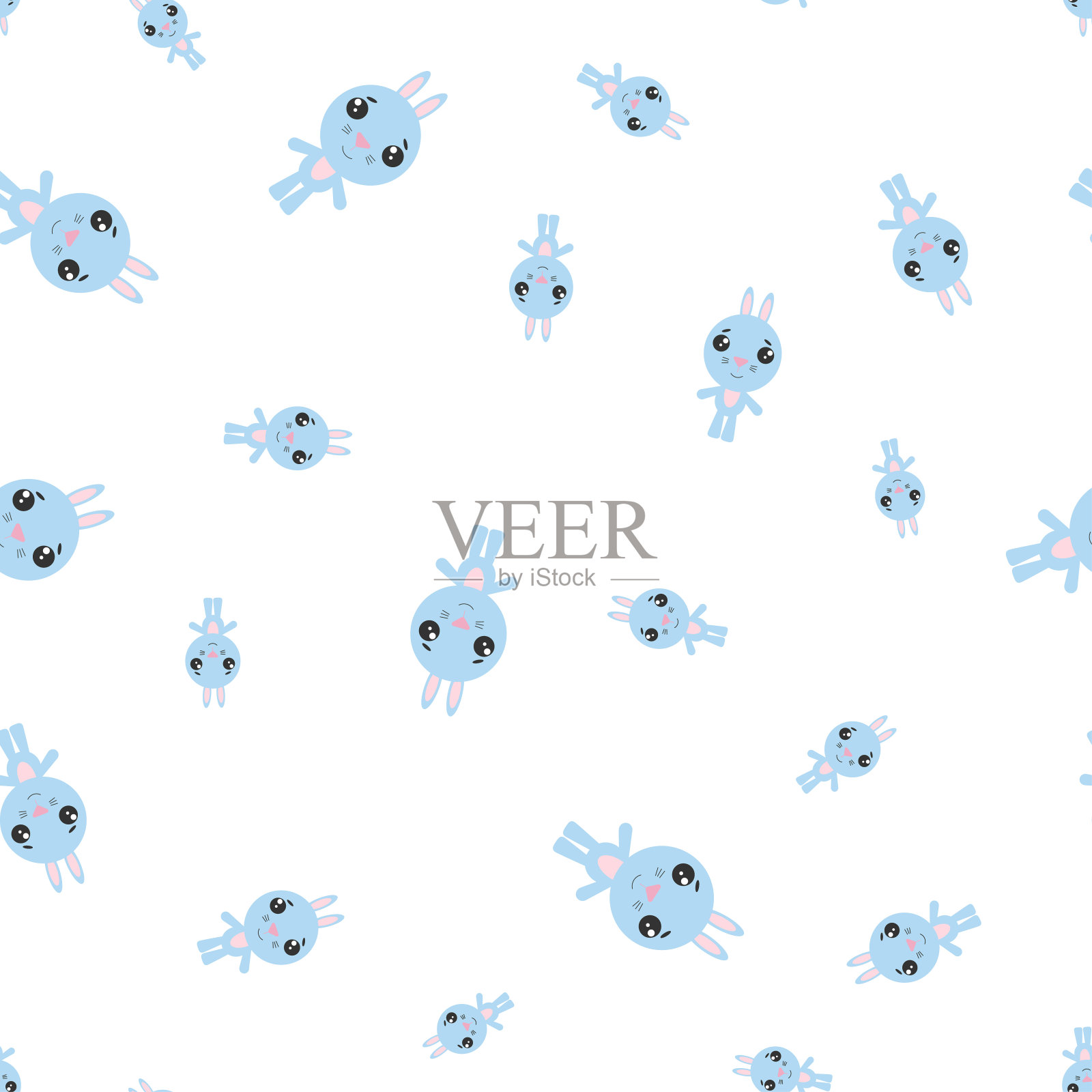 向量无缝的背景。白色背景上的卡瓦依兔子插画图片素材
