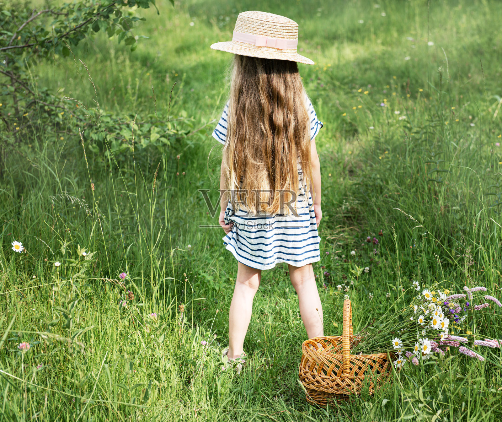 后视图美丽的女孩与花照片摄影图片