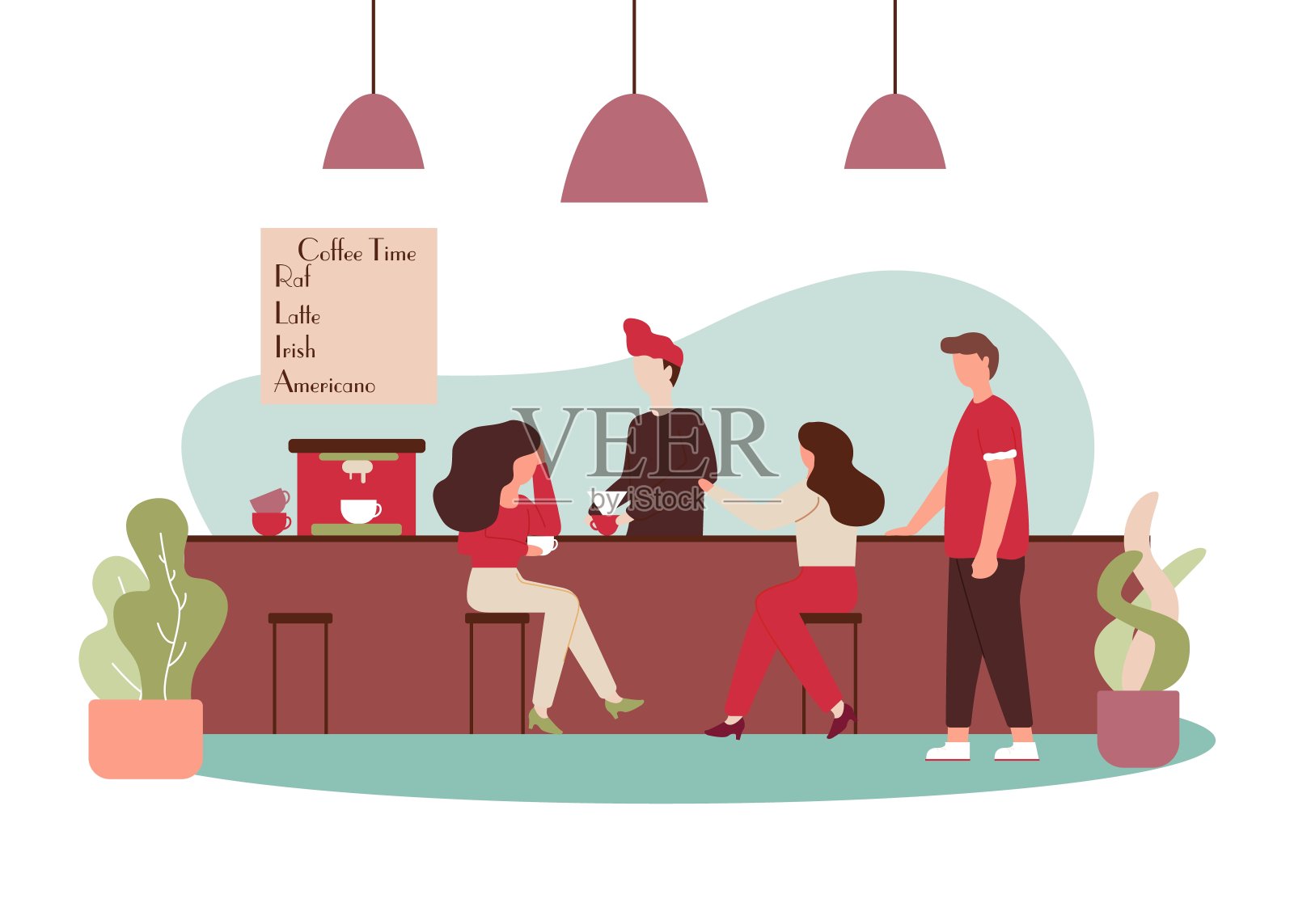 卡通人物聊天喝咖啡咖啡师煮咖啡插画图片素材