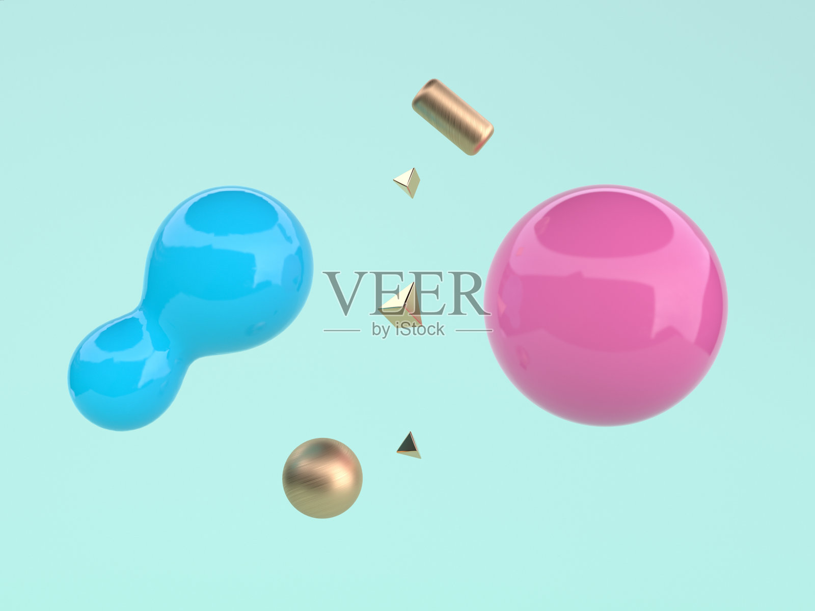 蓝色背景抽象形状粉金色蓝色悬浮三维渲染照片摄影图片