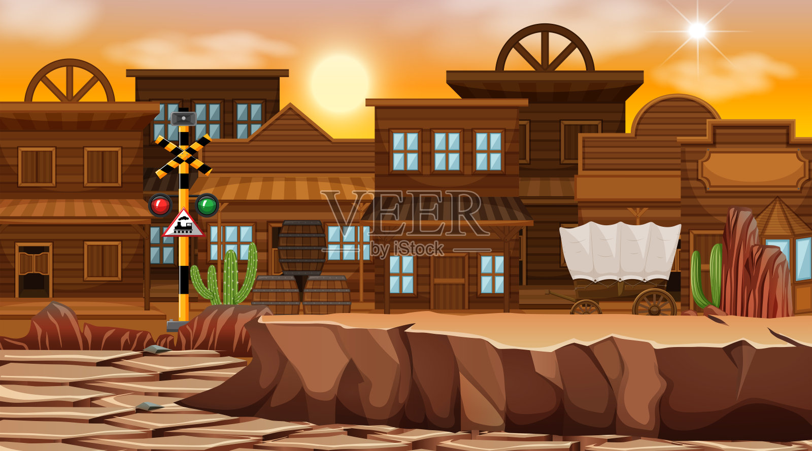 以西部沙漠为主题的自然景观插画图片素材