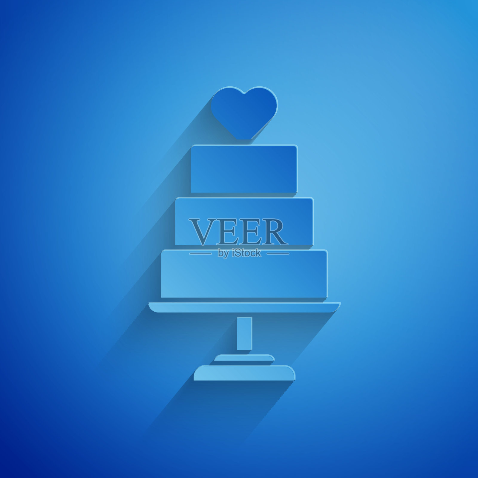 剪纸婚礼蛋糕与心的图标孤立在蓝色的背景。纸艺术风格。矢量图插画图片素材