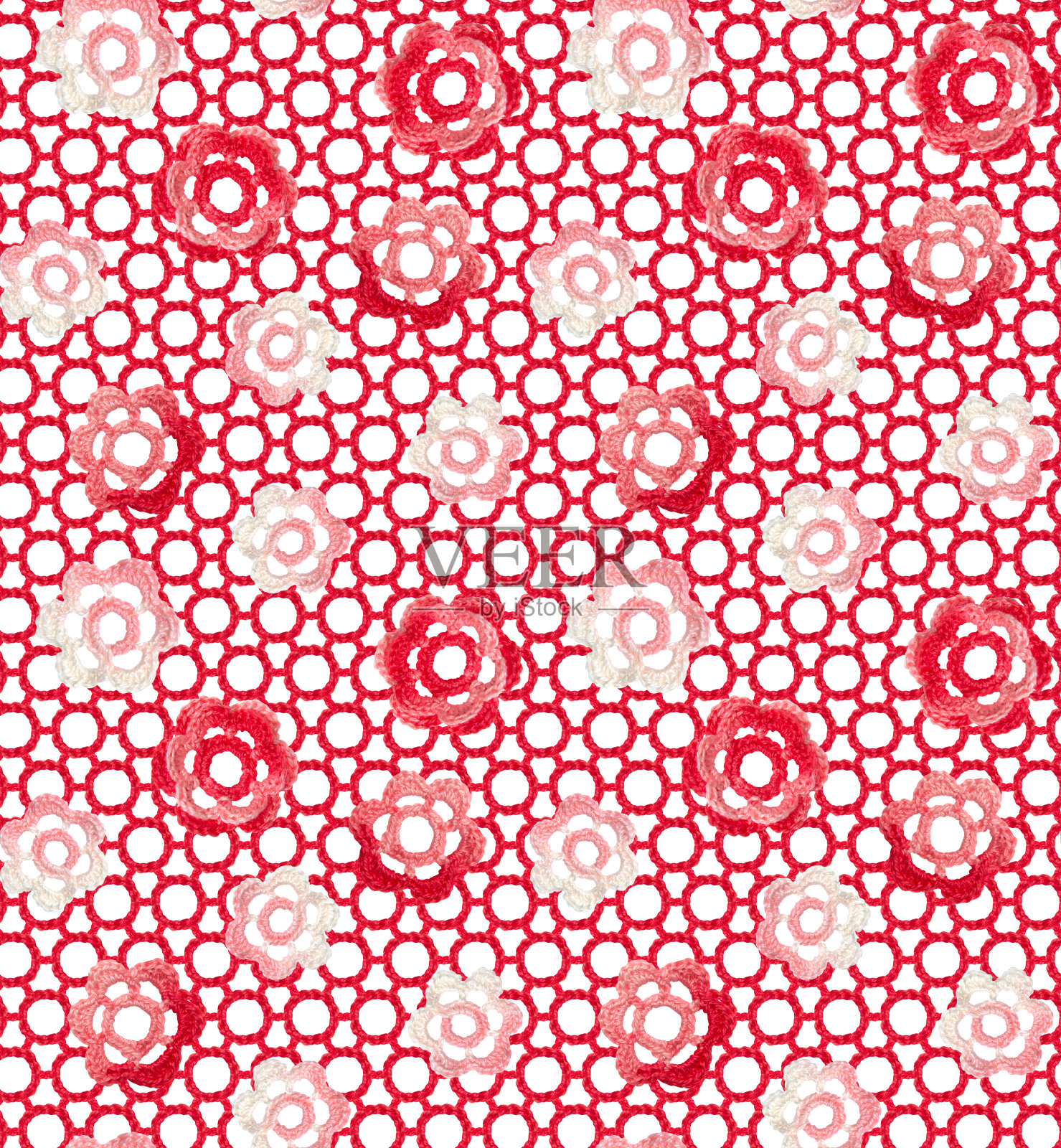 无缝图案的爱尔兰花边钩针在一个空气环网。这个装饰品是用红粉混色纱线编织而成的。照片摄影图片