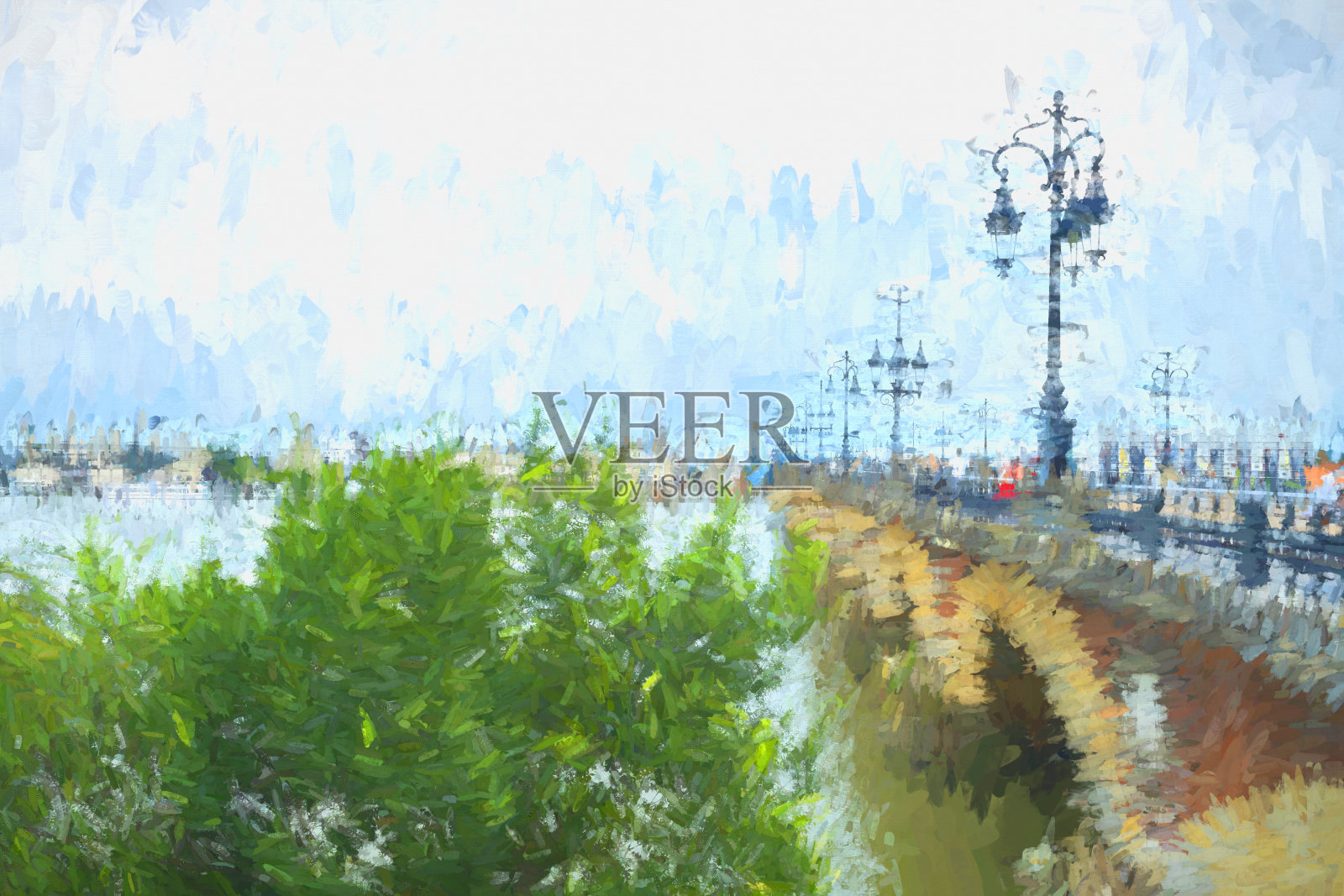 波尔多的加隆河，皮埃尔桥上的路灯插画图片素材