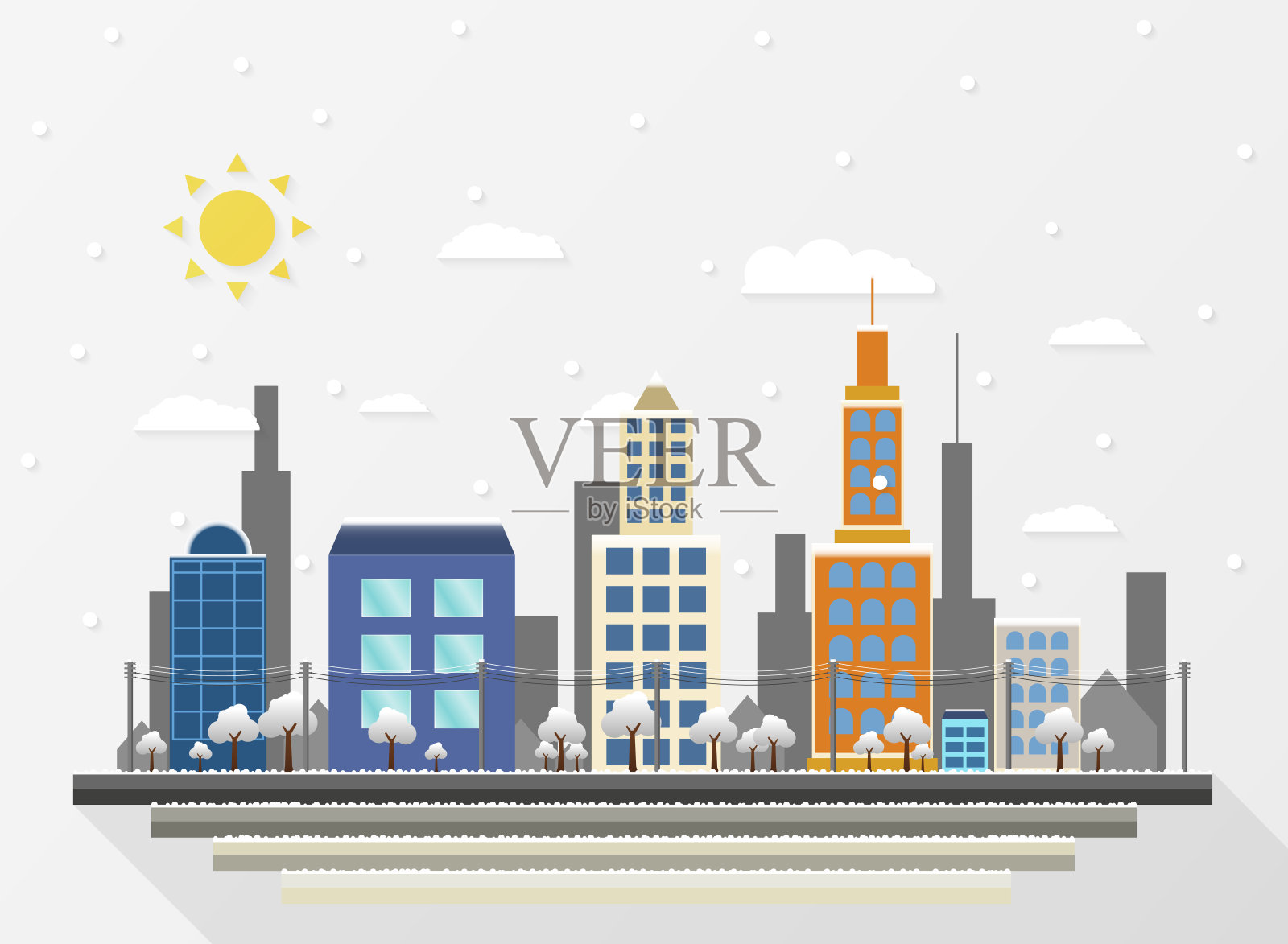 摘要背景城市在圣诞佳节的时候从天空落下雪花。插画图片素材