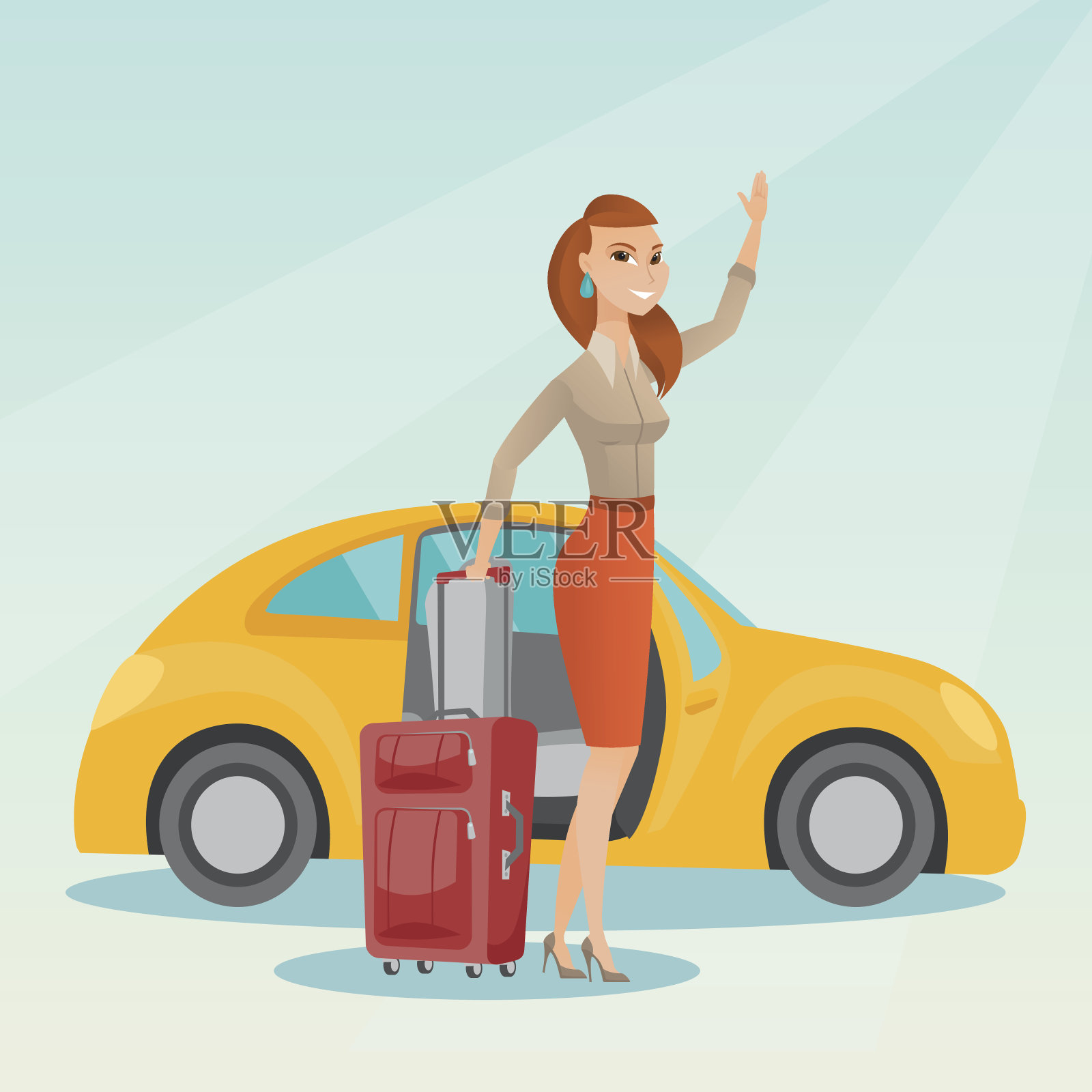 一个年轻的白人女人在车前挥手插画图片素材