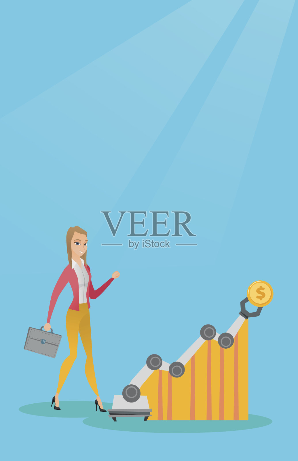 女人用机械臂看利润图表插画图片素材