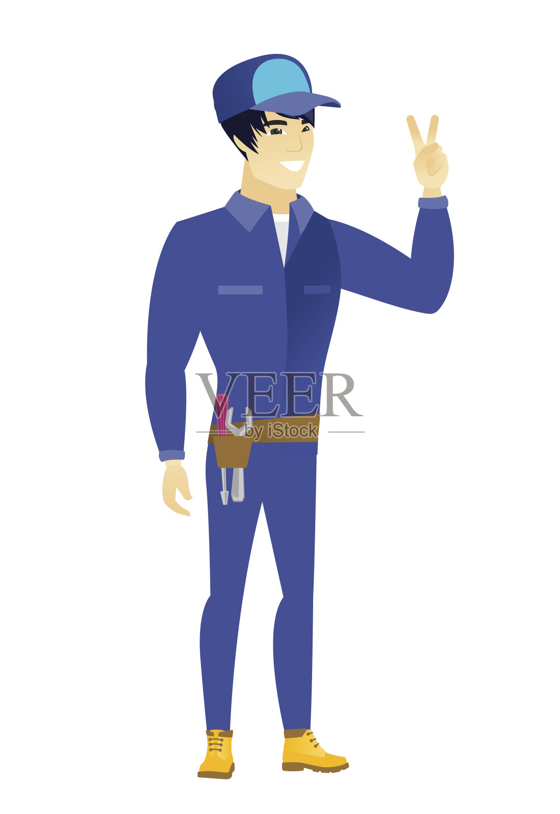 亚洲机械师展示胜利手势插画图片素材