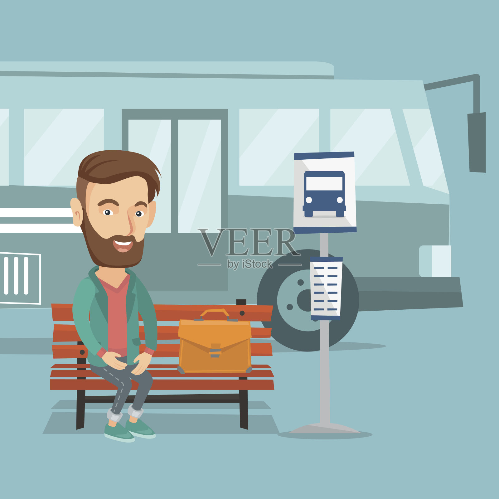 商人在公车站等公车插画图片素材