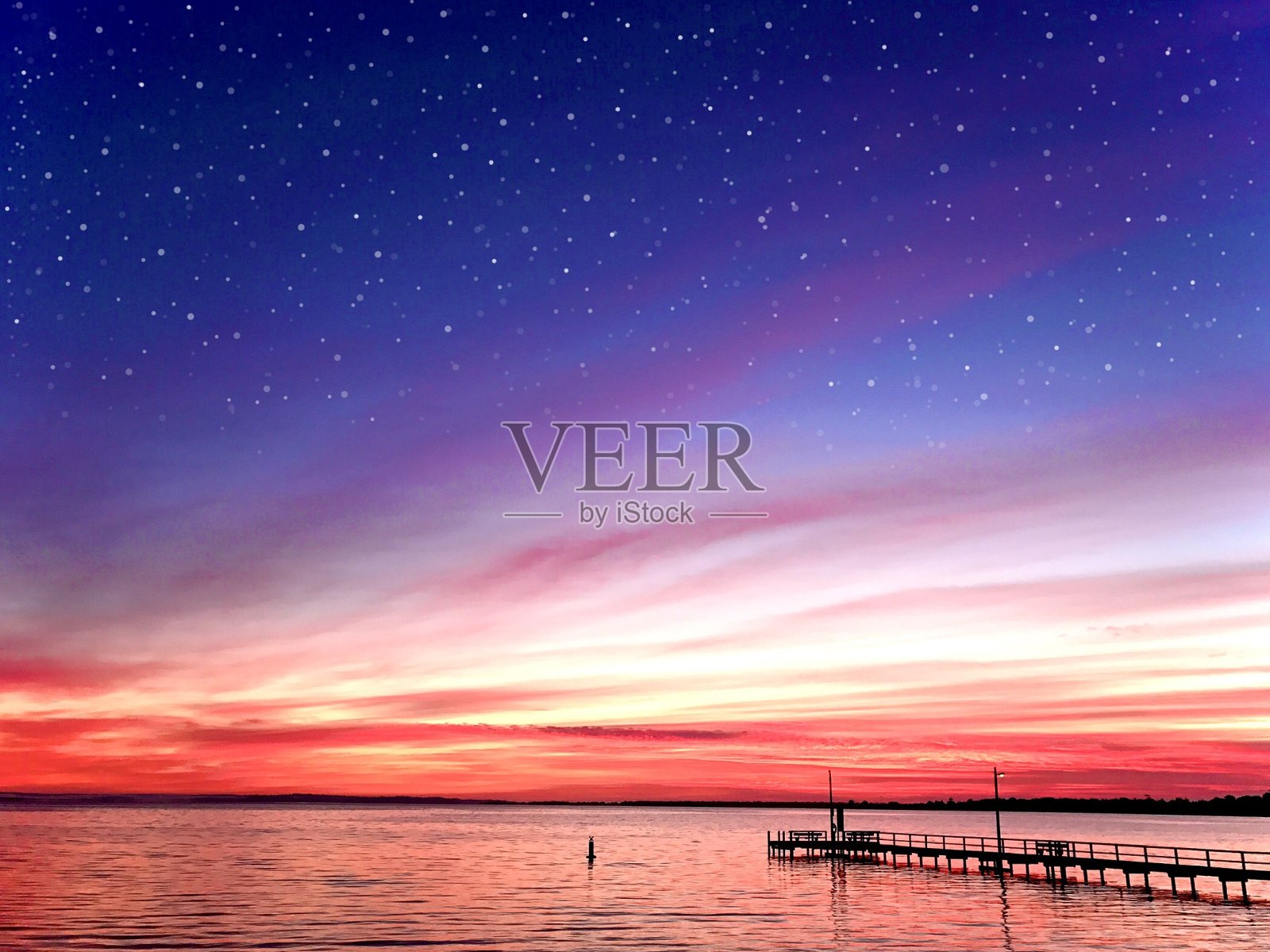 湖边的星光落日照片摄影图片