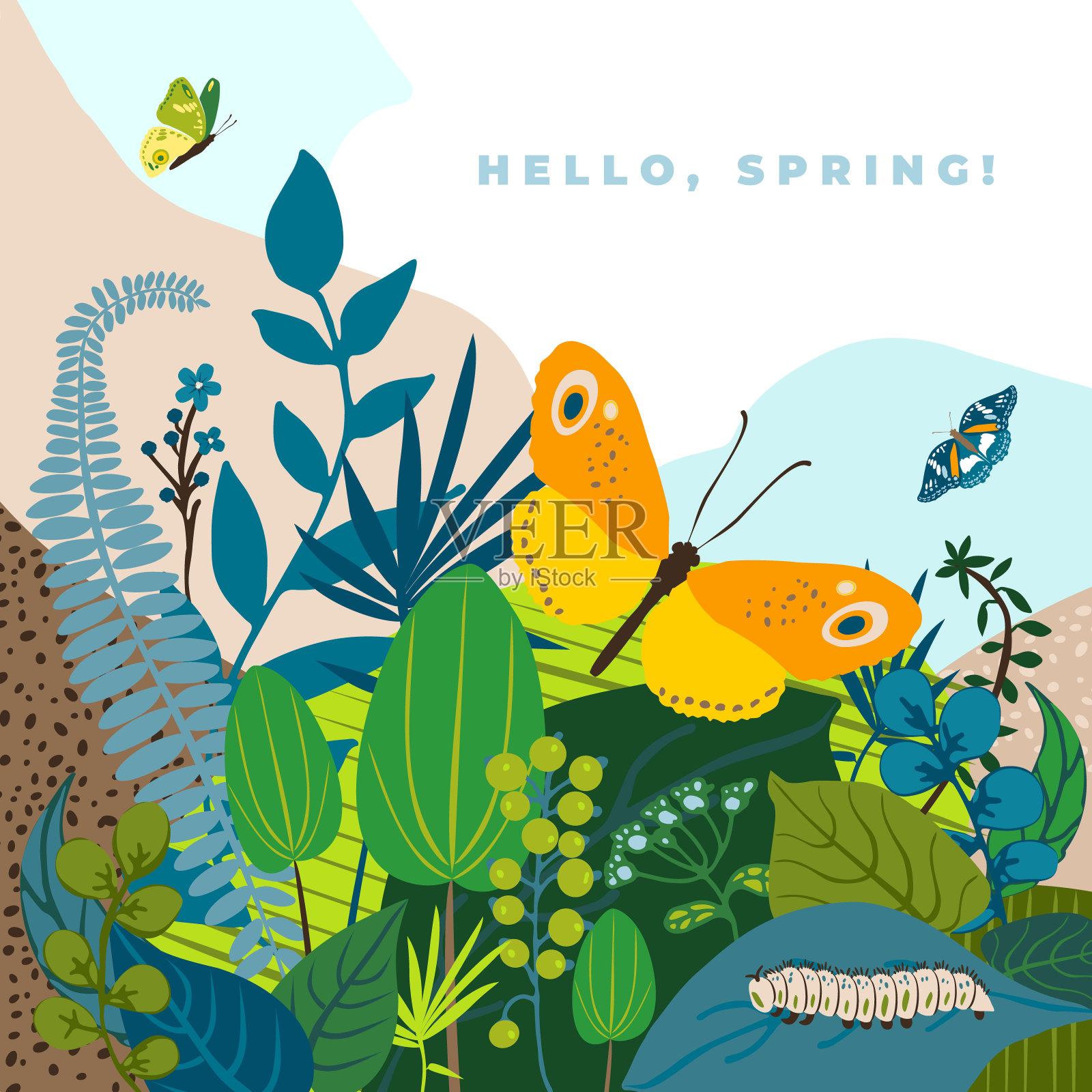 美丽的花香背景，文字你好春天。绿色的叶子，五颜六色的花朵，毛毛虫和蝴蝶。明亮可爱的夏日请帖，婚礼，生日，节日。矢量插图。插画图片素材