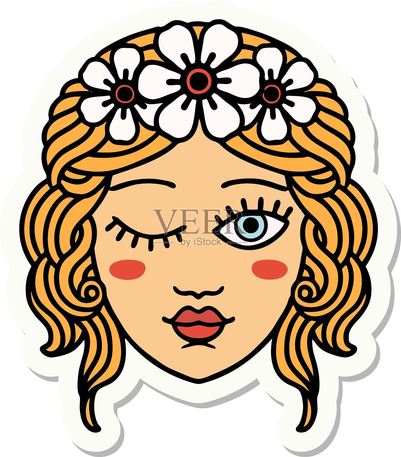 纹身风格贴纸的一个少女的脸眨眼插画图片素材