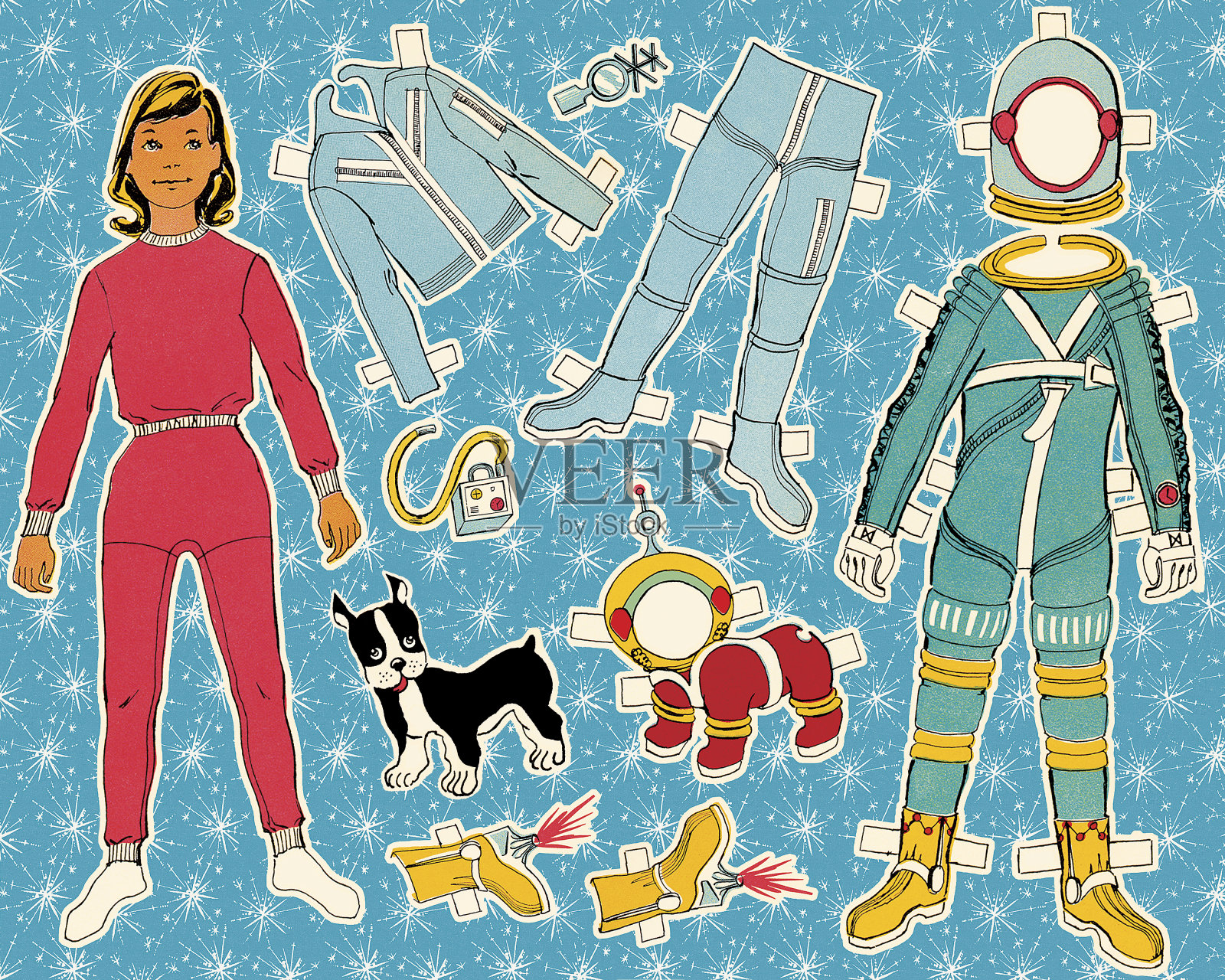 纸娃娃宇航员和狗插画图片素材