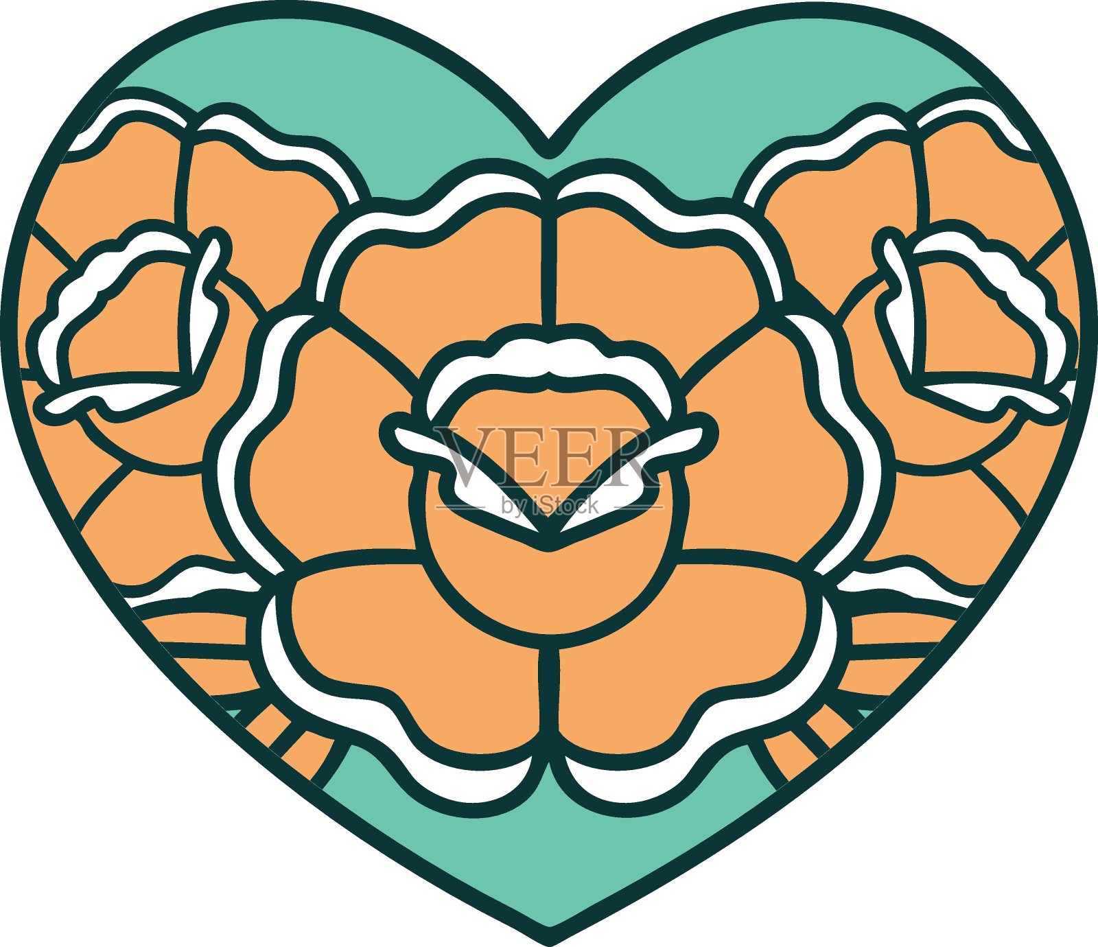 纹身风格的图标，一个心和花插画图片素材