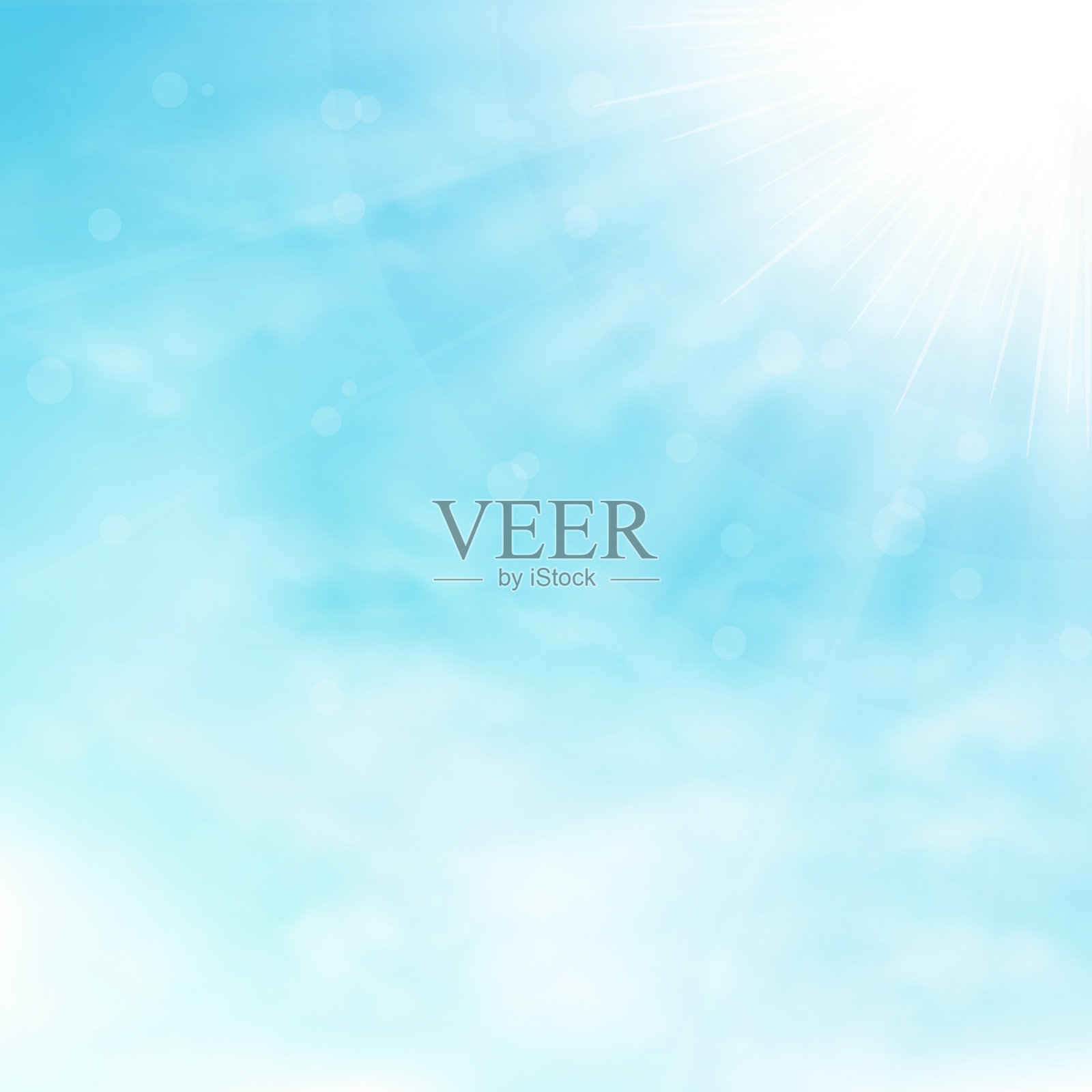 蓝色的天空和云彩与太阳爆发和光线的背景。插画图片素材