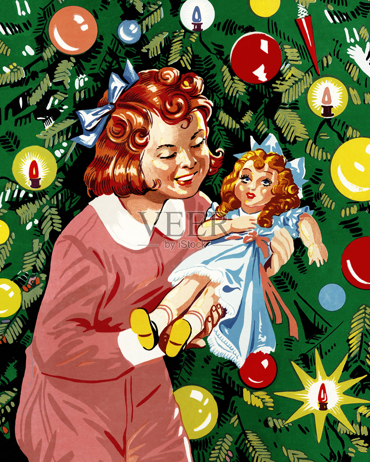 一个女孩抱着一个娃娃在圣诞树旁插画图片素材