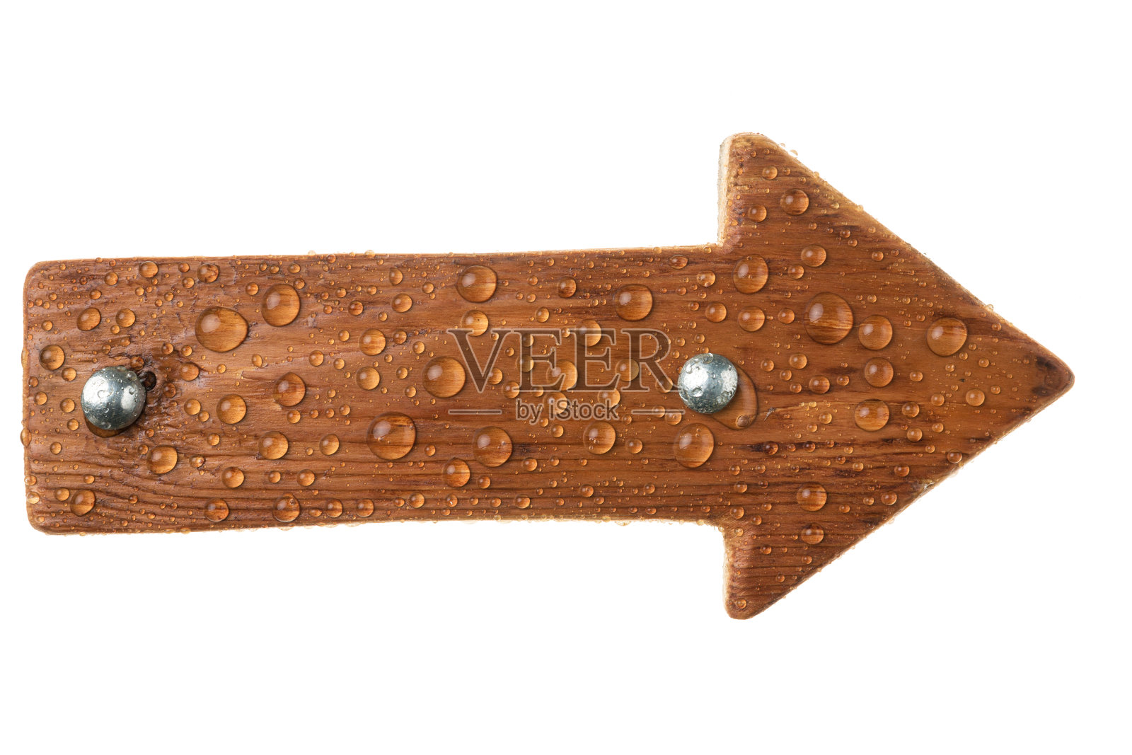 用深色木材制成的指针，带有金属螺栓和雨滴。孤立的照片摄影图片