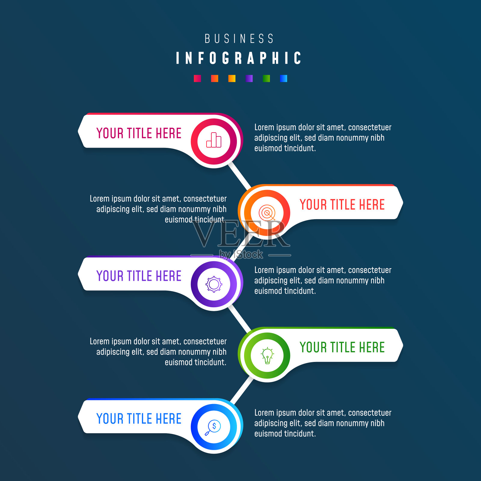 平面设计时间线模板信息图。5种经营理念。设计模板素材