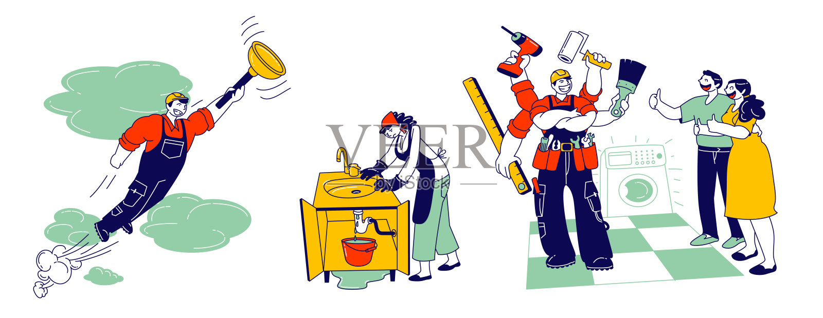 技术和管道维修用仪器和设备的工装杂工。专业工人与工具帮助家庭，丈夫在小时服务卡通平面矢量插图，线艺术插画图片素材