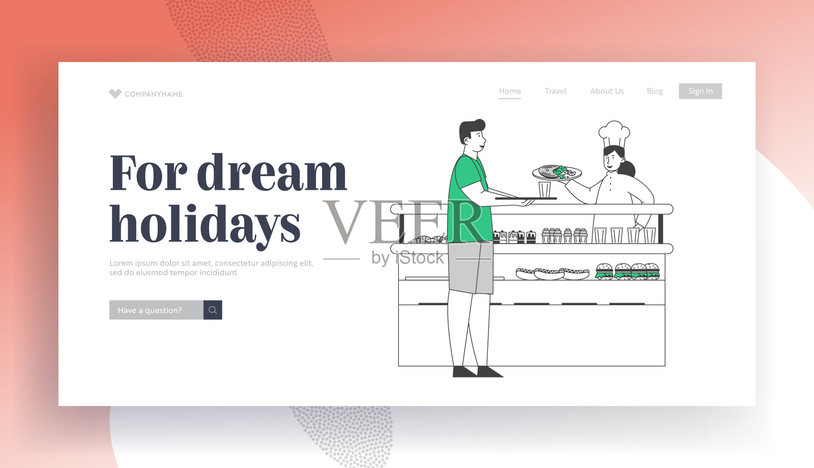 酒店网站登陆页中的酒店服务。在柜台上拿食物的男人。酒店餐厅或咖啡厅员工为客户网页横幅送餐。卡通平面矢量插图，线条艺术插画图片素材