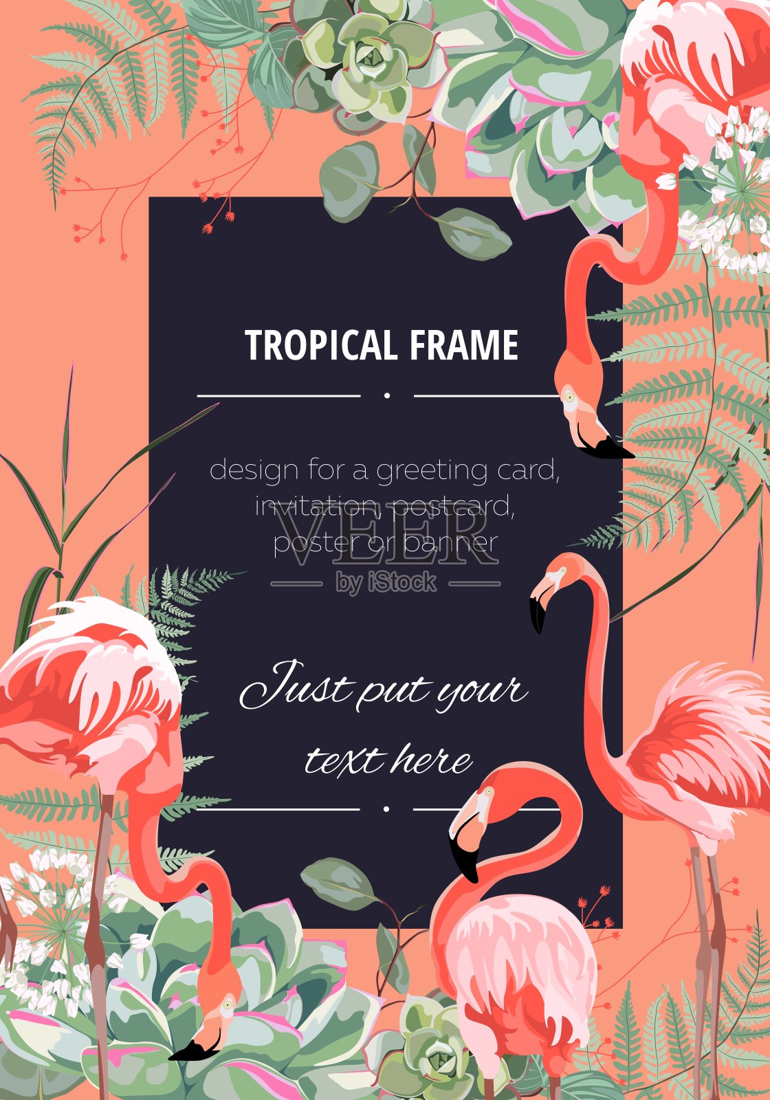 奇特的粉红色火烈鸟，有叶子和药草。Oronge背景。名片模板。详细的矢量设计说明。情人节。的婚礼。设计模板素材