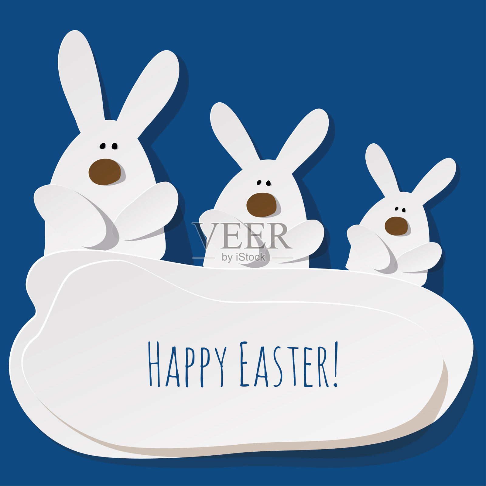 复活节快乐明信片三个兔子在2020年的颜色经典的蓝色背景插画图片素材