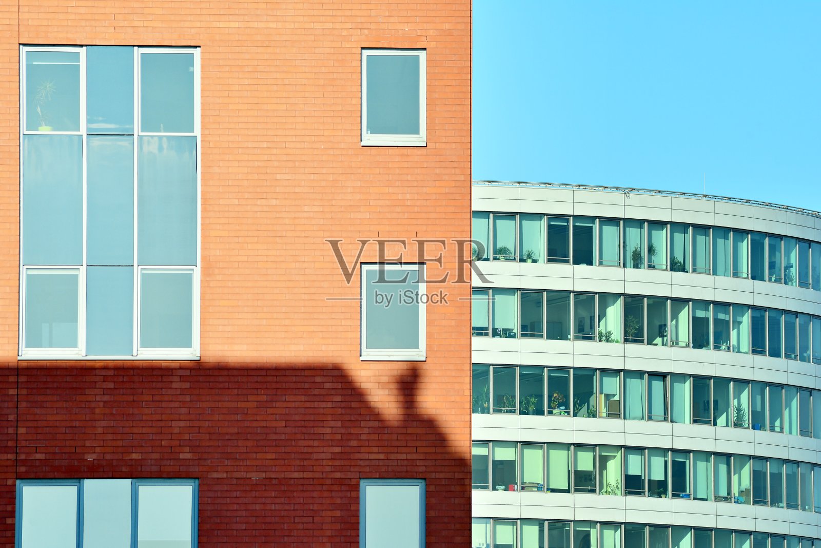 在蓝天的映衬下，商业区的现代摩天大楼照片摄影图片