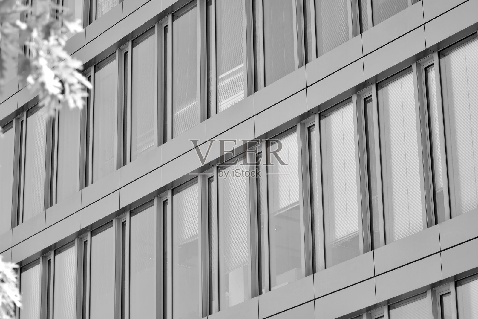 现代办公建筑的墙由钢和玻璃制成。黑色和白色。照片摄影图片