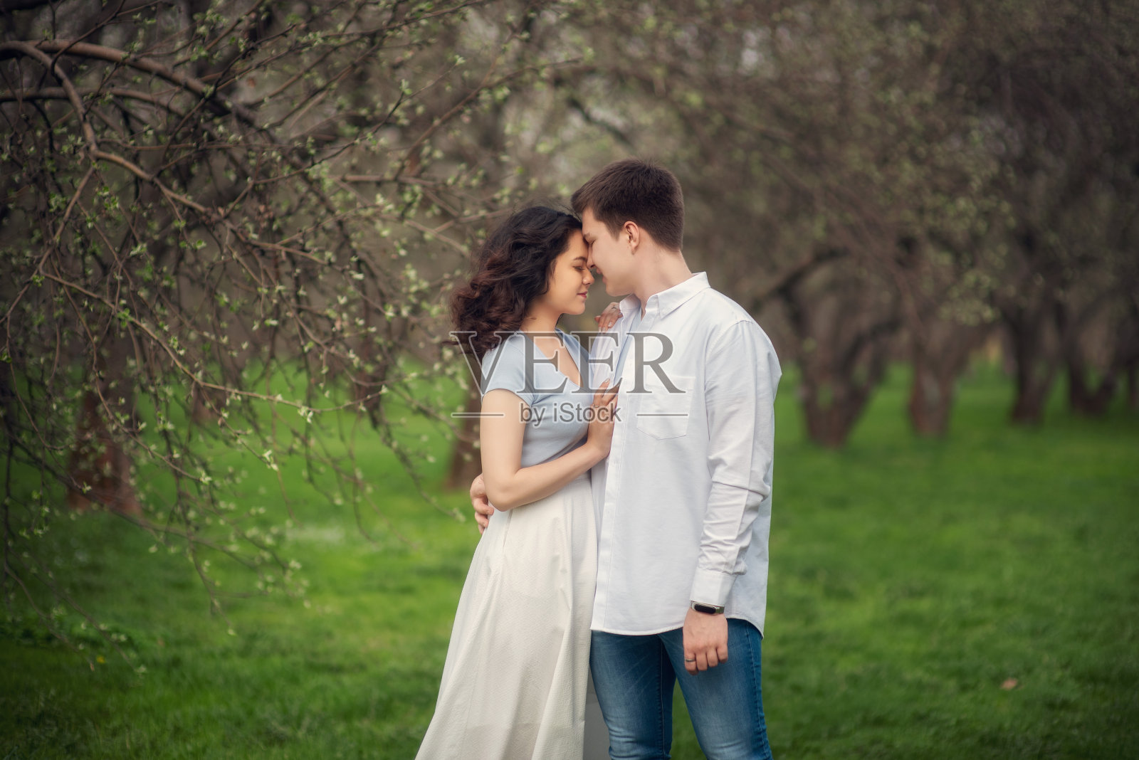 一对在户外相爱的年轻夫妇。夫妇摆姿势在夏天的田野。在户外相爱的微笑情侣照片摄影图片