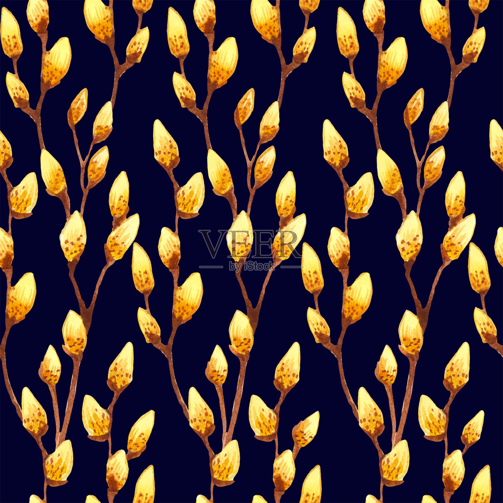 无缝水彩模式与黄芽柳枝上在深蓝色的背景。复古风格。植物图案包装纸，织物，请柬。插画图片素材