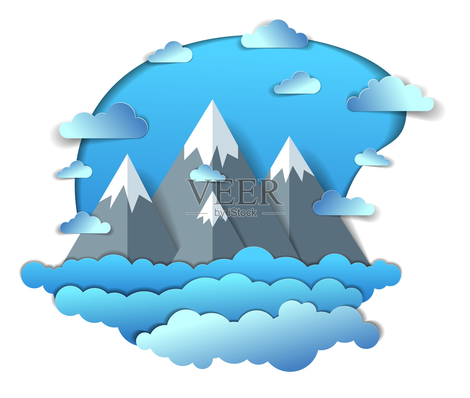 风景优美的山峰连绵，多云的天空，夏季矢量插图剪纸儿童风格。暑假旅游旅游。设计元素图片