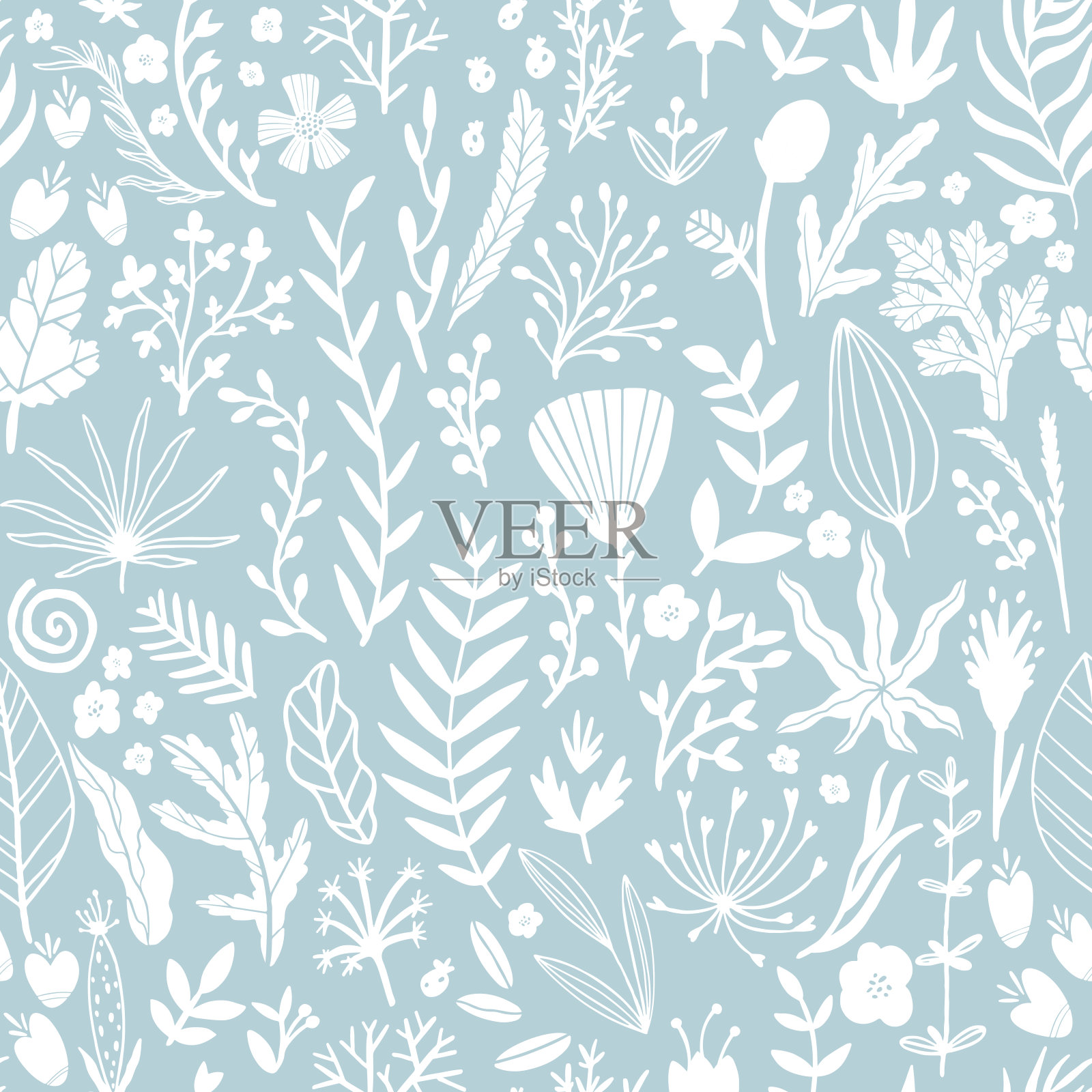 有叶子和草本植物的花的无缝图案。手绘素描线插图在简单的斯堪的纳维亚风格在有限的蜡笔颜色。理想的印刷织物，纺织品，包装，墙纸插画图片素材