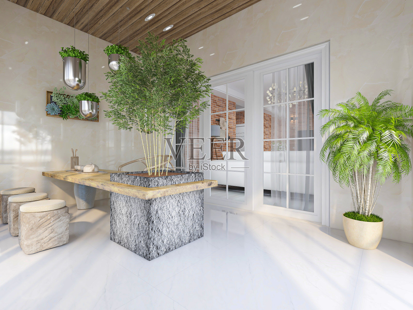 3D渲染，宽敞明亮的城市住宅封闭式阳台设计，绿色植物配木制桌椅休闲舒适。照片摄影图片