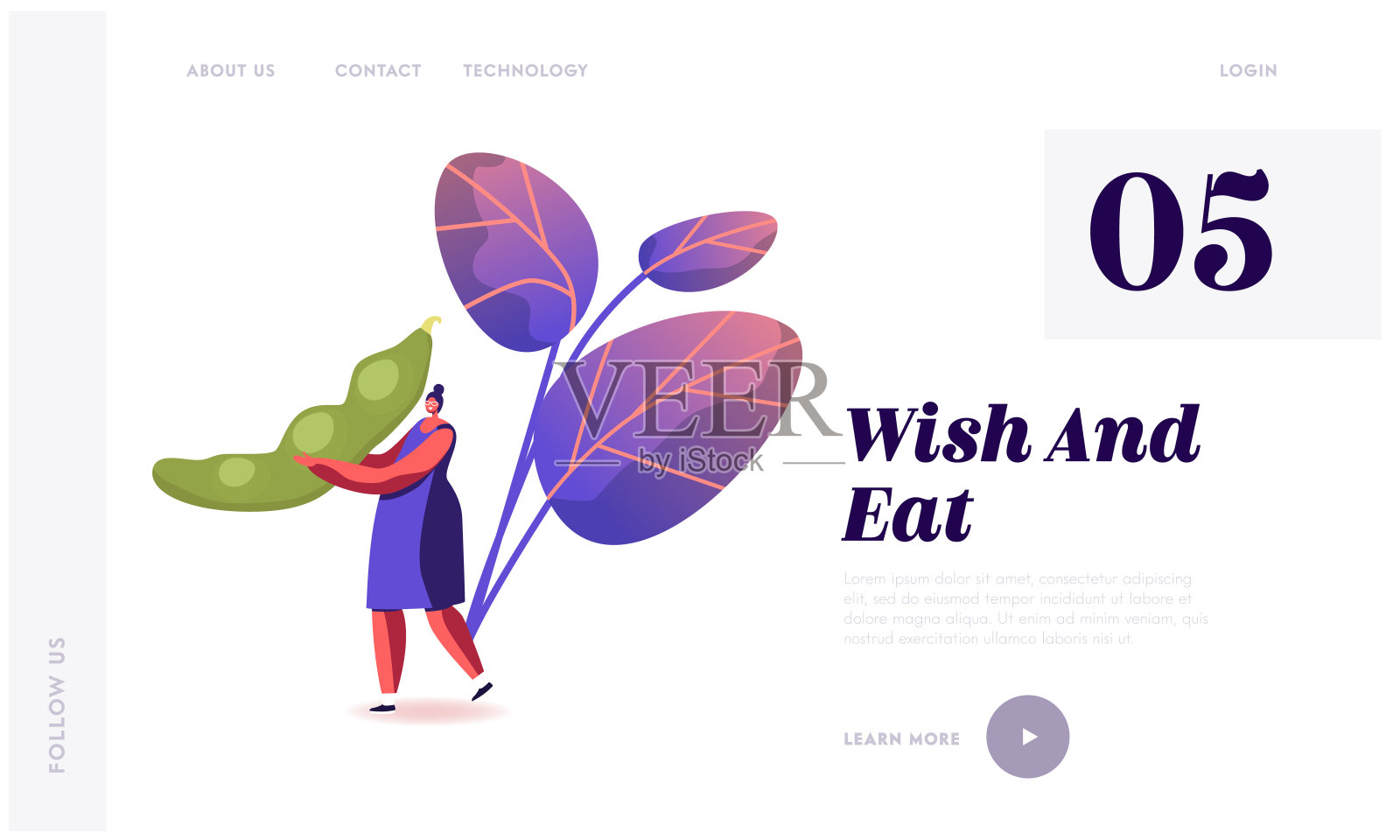 大豆植物产品健康营养，素食食品，替代蛋白质来源网站登陆页面。女人提着巨大的新鲜豆荚。吃大豆网页横幅。卡通平面矢量插图插画图片素材