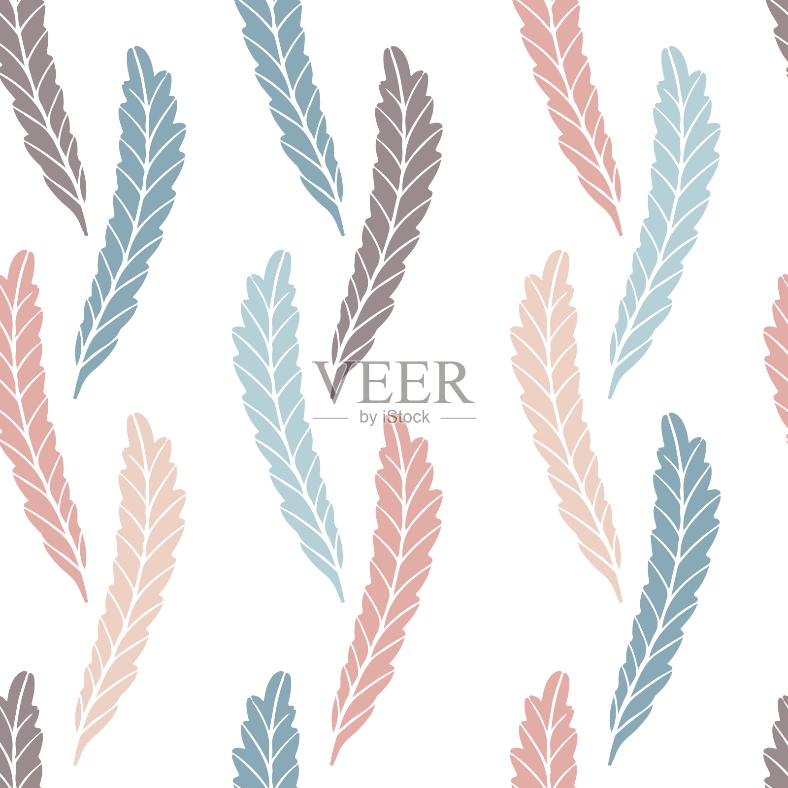 花叶的无缝图案。手绘插图在简单的斯堪的纳维亚风格。极简主义的有限柔和的颜色。适用于织物、纺织品、包装、墙纸等印刷插画图片素材