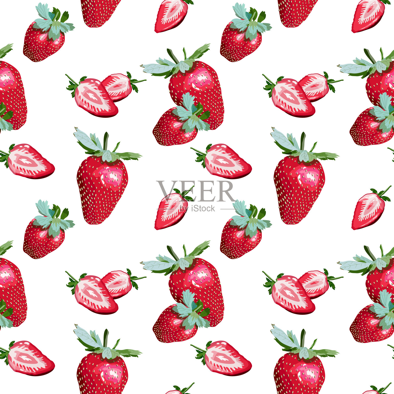 整个和对半切开的新鲜草莓图案在白色的背景上。手绘载体包括叶子和种子。插画图片素材