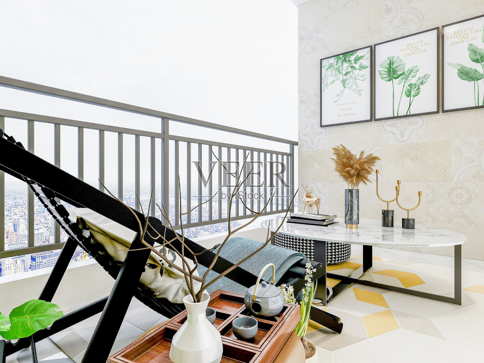 阳光在阳台上的绿色植物和桌子上非常舒适照片摄影图片