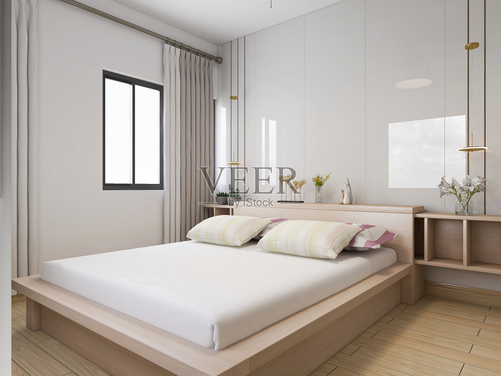 3D效果图，优雅现代的卧室设计，大床配大衣柜照片摄影图片