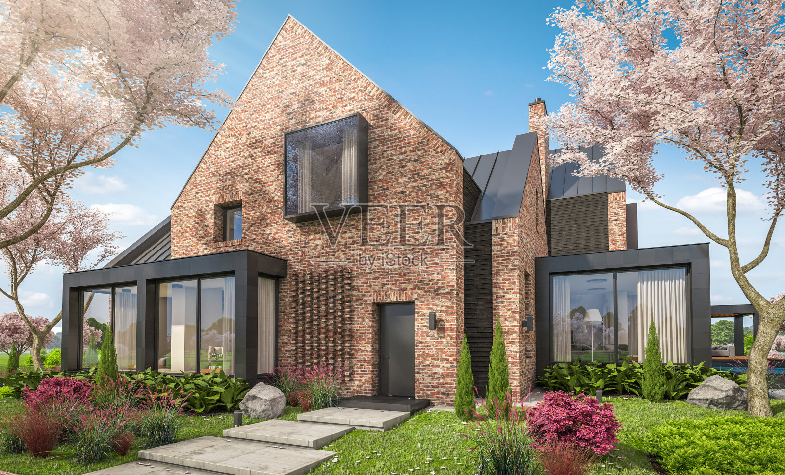 春季池塘边现代粘土砖房的3D渲染照片摄影图片