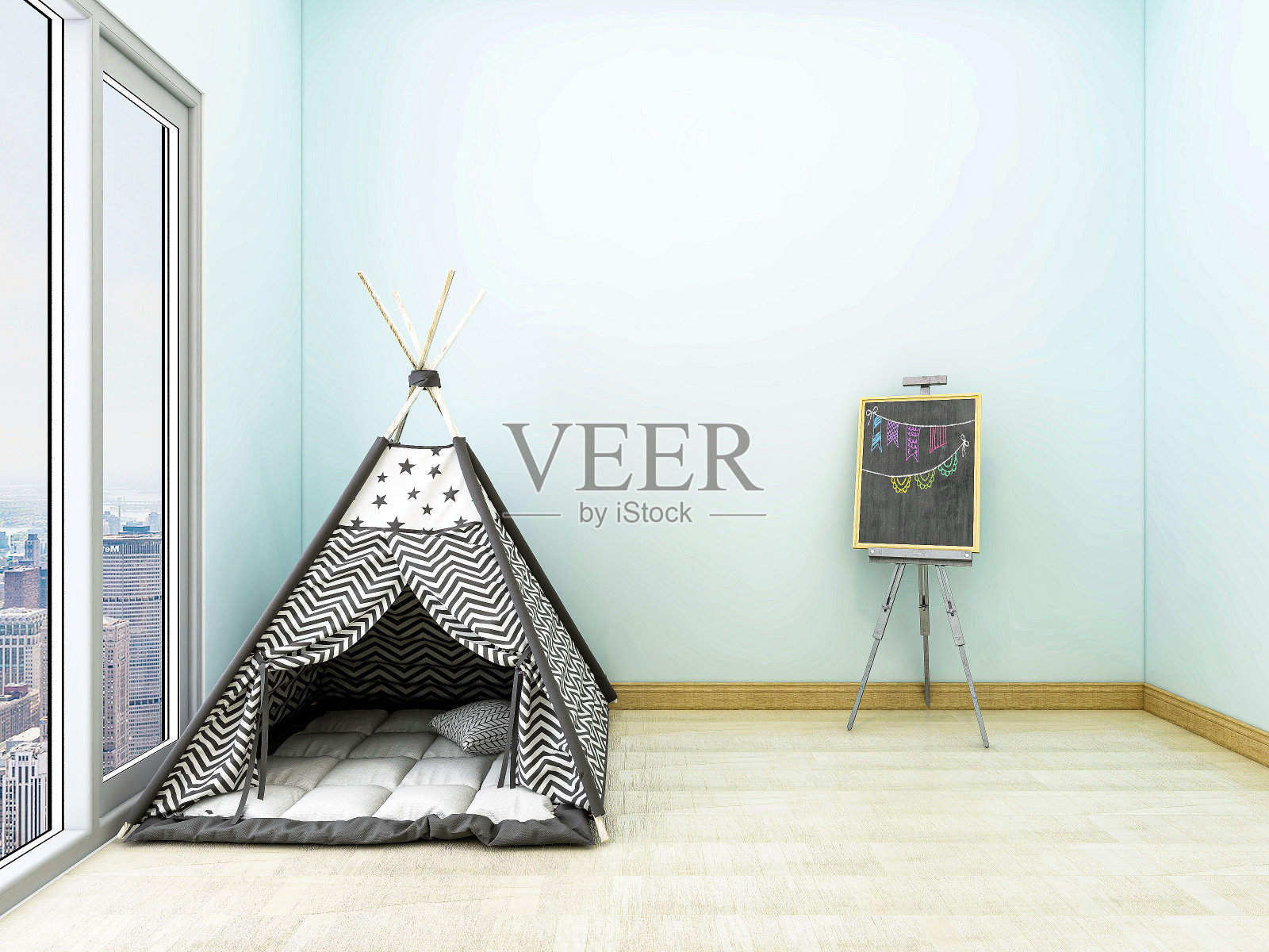 3D渲染，宽敞的现代住宅书房设计，配有笔记本电脑、书桌、书架和钢琴。照片摄影图片