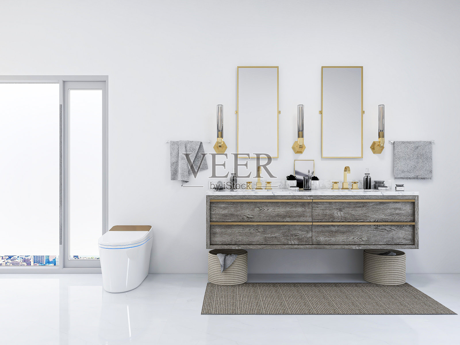 3D渲染，现代住宅洁净浴室设计，配备洗手盆，镜子，马桶，淋浴设备和浴缸，阳光从落地窗照射进来。照片摄影图片