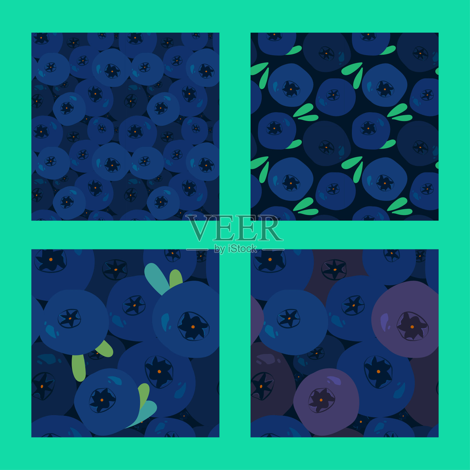 四种搭配新鲜蓝莓的图案插画图片素材