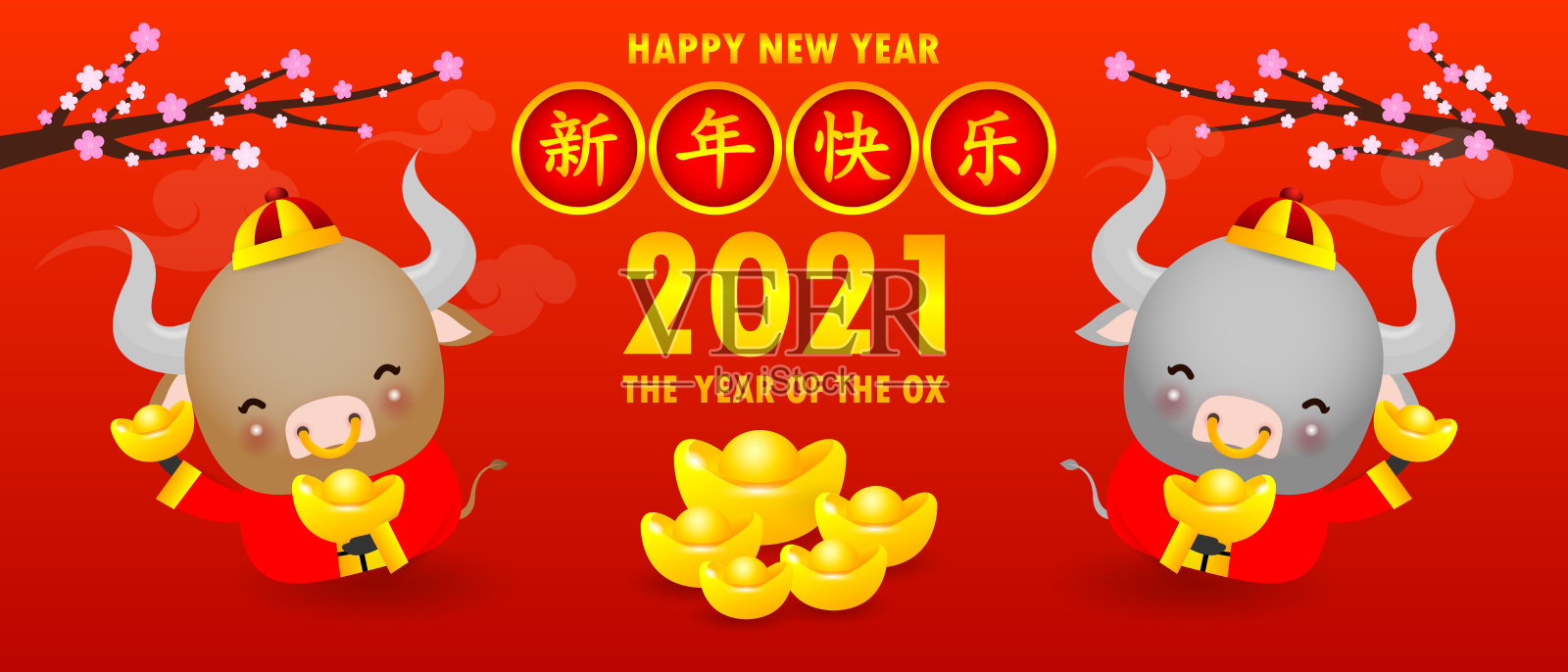 祝你2021年春节快乐。可爱的小牛捧着中国黄金，牛年生肖卡通孤立矢量插图，翻译:春节问候设计模板素材