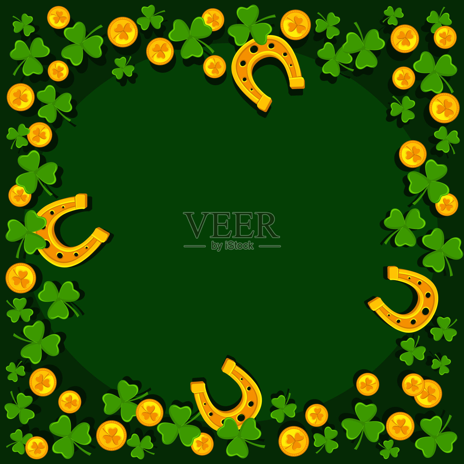 马蹄铁上有三叶草和金币的绿色。圣帕特里克节,插画图片素材