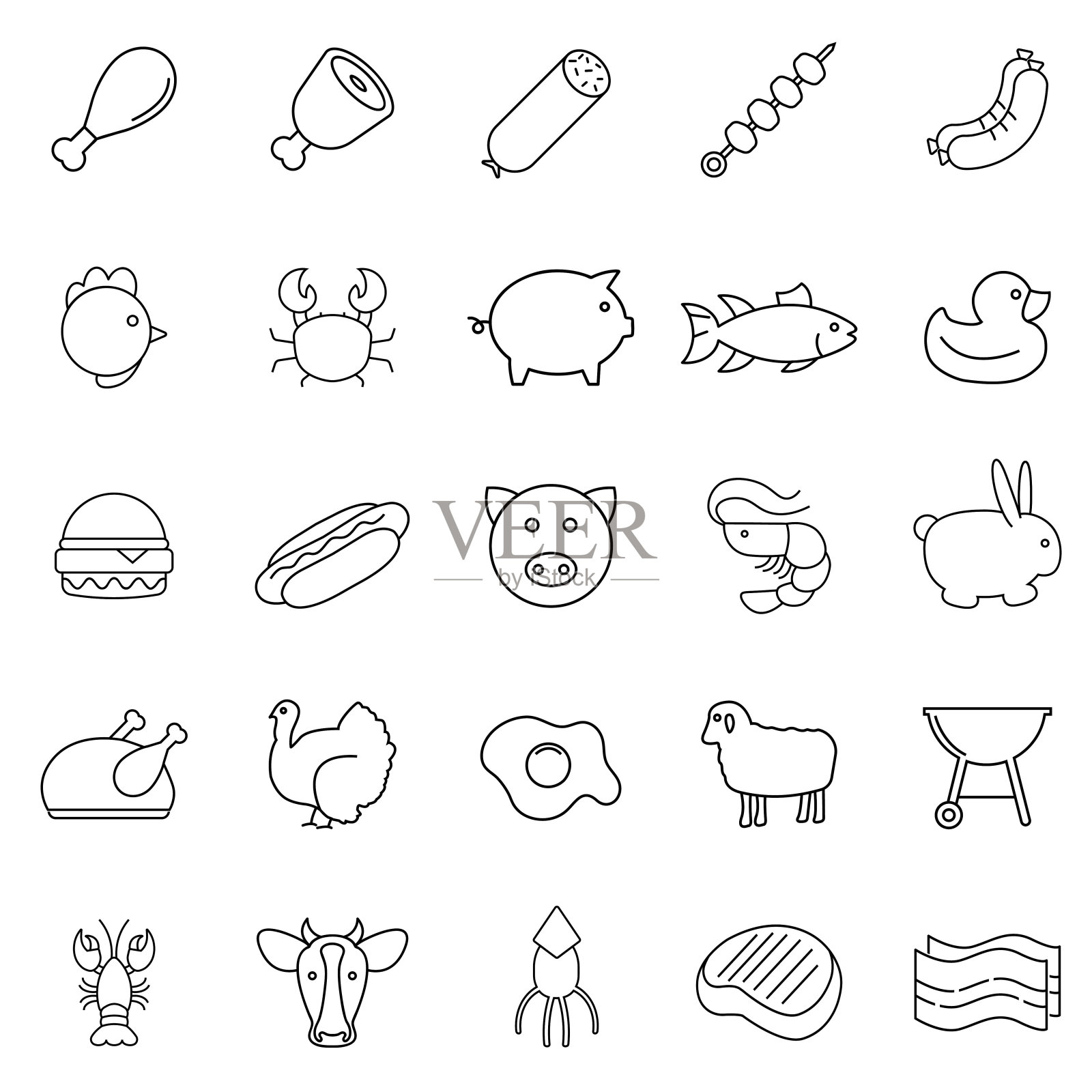 一组矢量图标与肉，鱼，蛋和海鲜。轮廓图标集合。简单的矢量图。图标素材