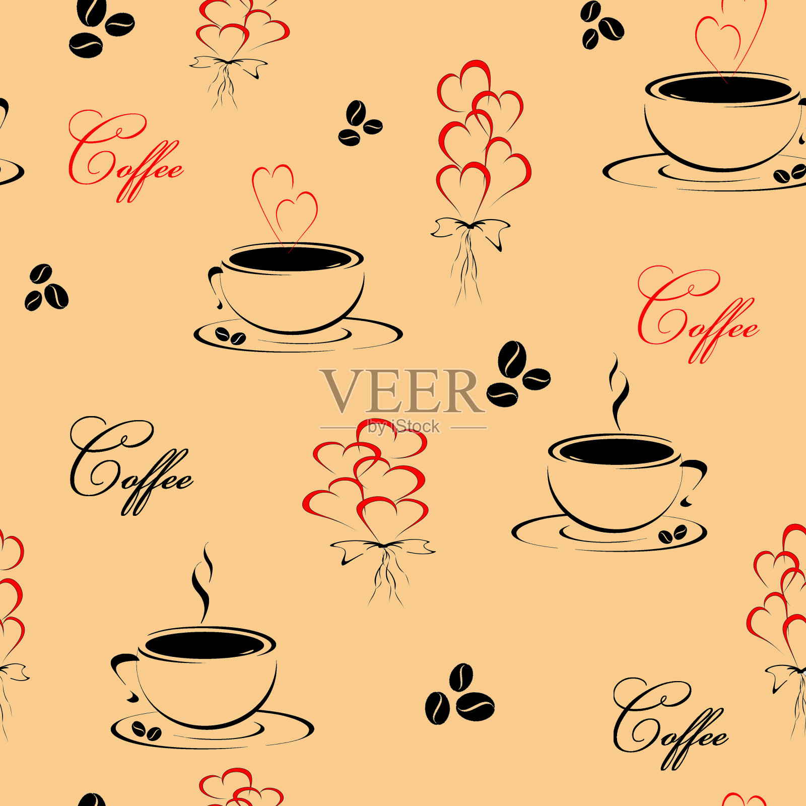 咖啡杯和心形的无缝图案插画图片素材