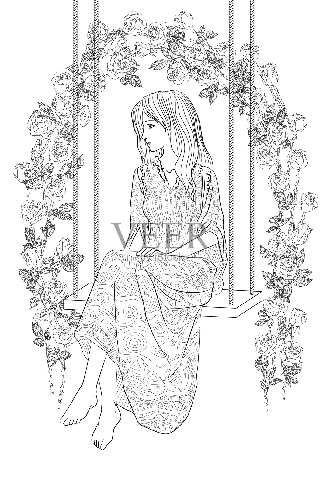 成人涂色书与美丽的女士插画图片素材