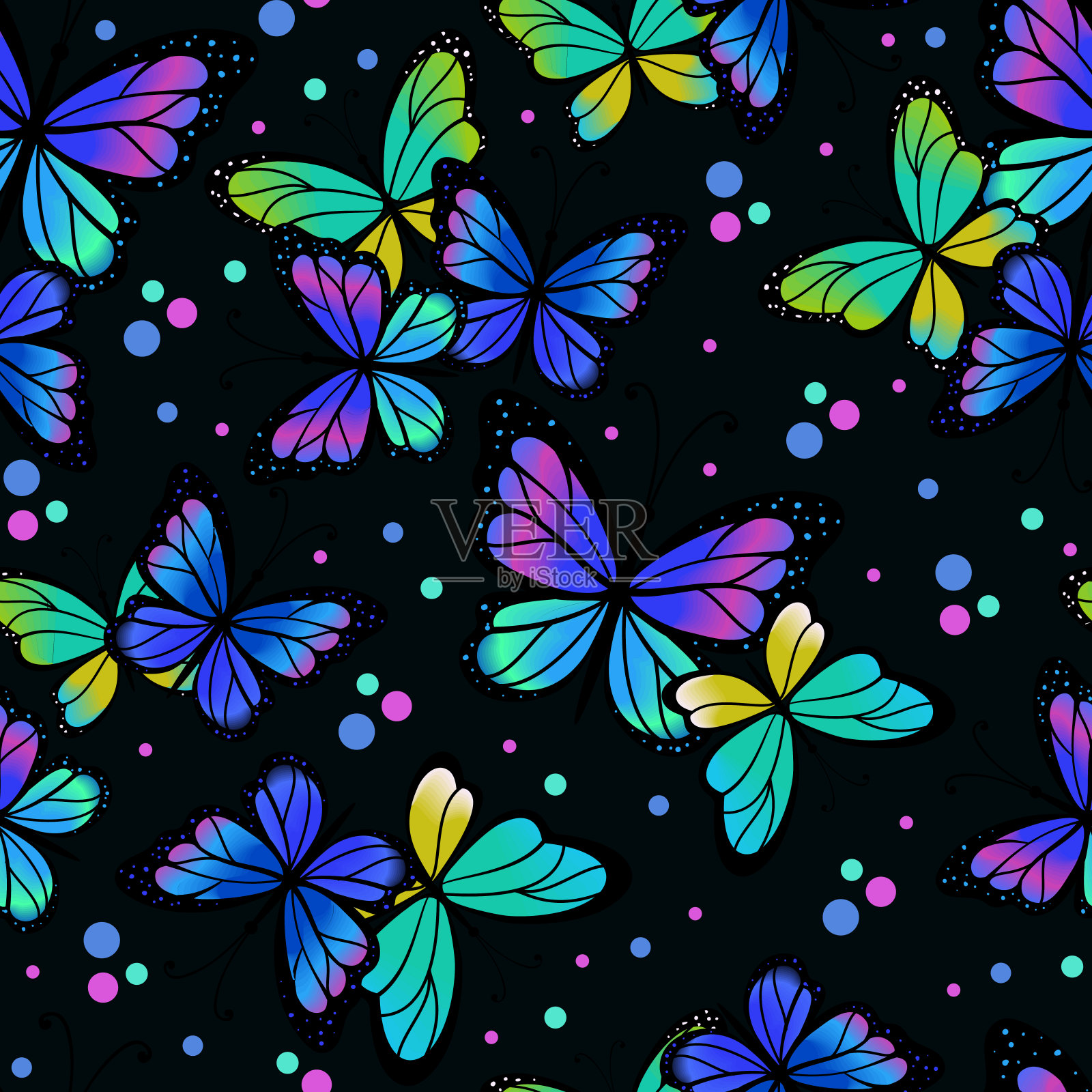 无缝图案与五颜六色的蝴蝶插画图片素材
